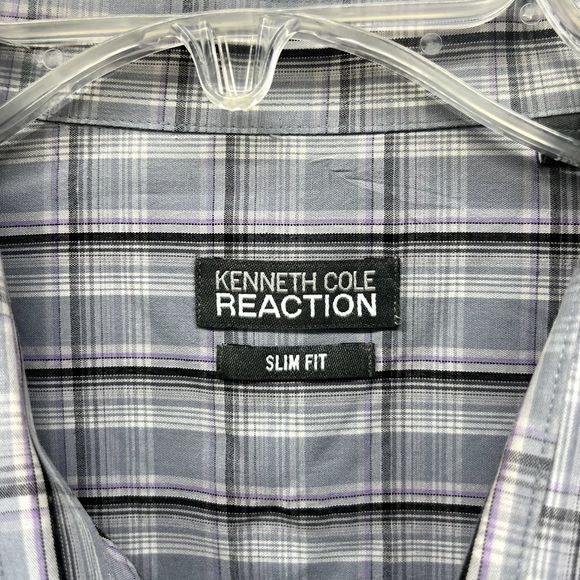 Kenneth Cole Reaction Shirt 17.5 34 35 Gray Plaid Button Up Slim Fit Long Sleeve - Picture 9 of 16